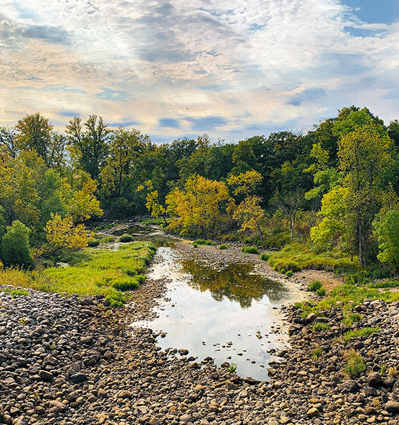 Dry creek with rocks exposed, trees in the background in greens and yellows, all crowned with a mostly cloudy sky and a ray of sunshine
