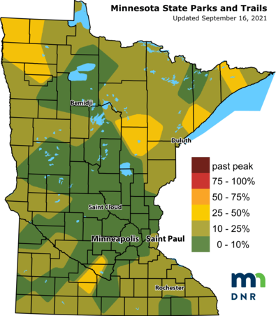 Map of the state of Minnesota in different shades of green and yellow to show fall color changes.