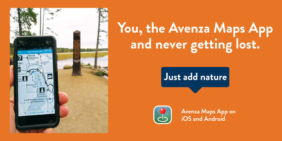 Phone with map, Mississippi Headwaters in background. You, Avenza Maps and never getting lost. Just Add Nature. Avenza Maps App on iOS and Android