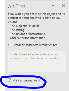 Screen shot of alt text box with mark as decorative option selected