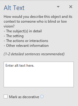 Screen shot of box to enter alt text with instructions above