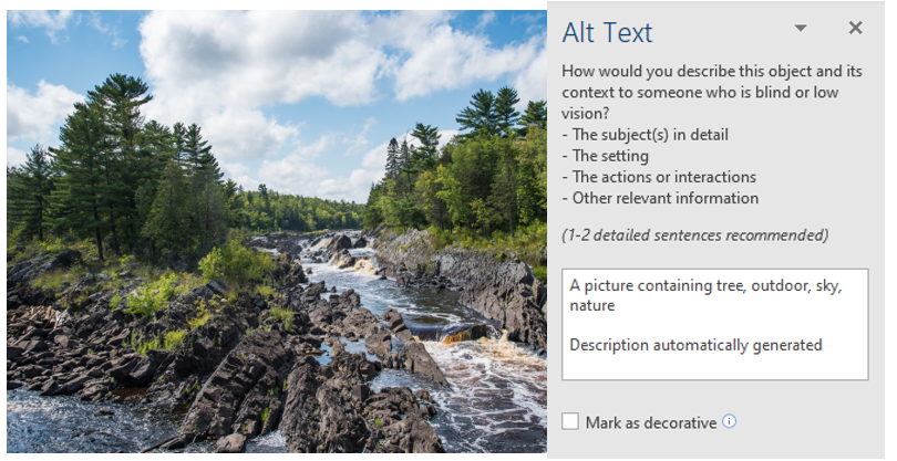 Example autogenerated alt text that reads "a picture containing tree, outdoor, sky, nature."