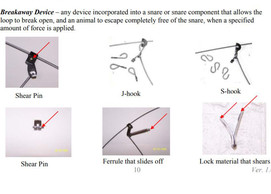 photos of snare breakaway devices and description of what a breakaway device is, shear pin, j-hook, s-hook, shear pin, ferrule 
