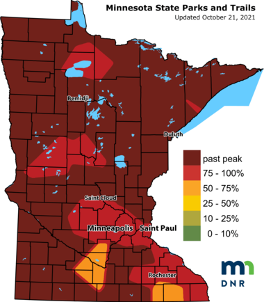 Map of the state of Minnesota in different shades of red to show where fall color's peaking in the state.
