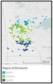 State of MN map showing color coding for north, central and southern lakes