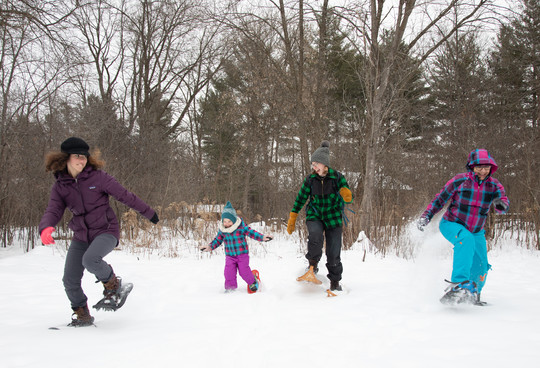A mixed race young girl, a toddler, her mom, and a Latino woman shown in an action shot with snowshoes in the snow with trees in the background