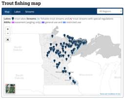 image of DNR StreamFinder tool with pins on a map of Minnesota