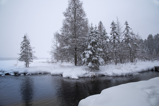 A photo of the Mississippi Headwaters in Itasca State Park after a fresh snowfall