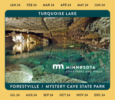 2023 park permit with photo of Turquoise Lake at Forestville/Mystery Cave. Text has location name and months around the yellow border. 