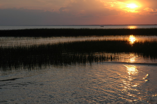 A beach at sunset