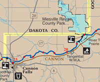 Map of a section of the Cannon River and surrounding communities and amenities,