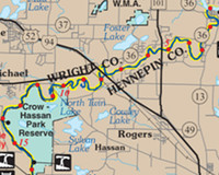 Map of the Crow River showing a section between Crow-Hassan Park Reserve and the Mississippi River. 