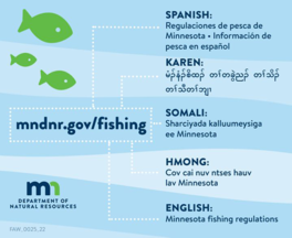 mndnr.gov/fishing and graphic of Somali, Spanish, English, Karen, Hmong languages saying Minnesota fishing regulations, and DNR logo