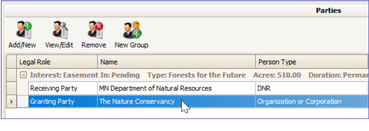 Screenshot of the Parties screen in LRS
