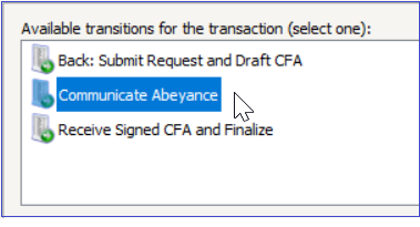 Screenshot of the Communicate Abeyance transition in LRS