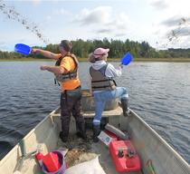 two DNR staff spreading seed on a lake