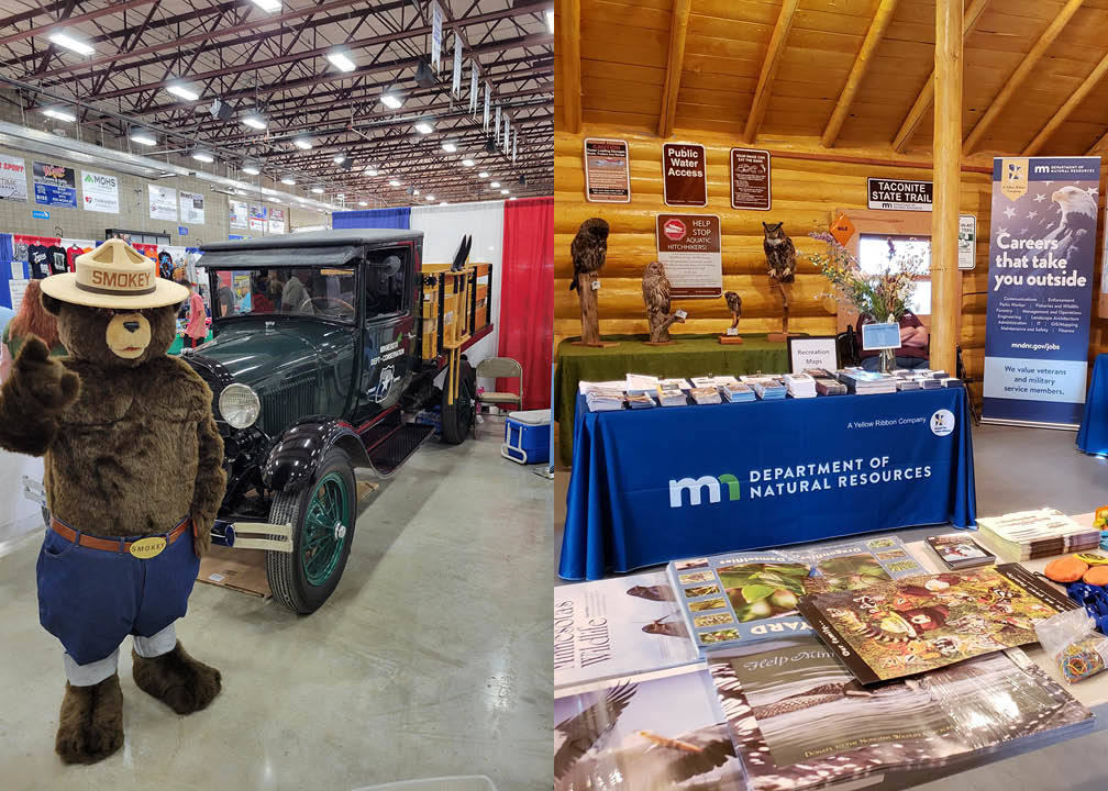 Two photos, the left one being Smokey Bear at the Steele County Free Fair and the right one being the DNR booth at the Itasca County Fair