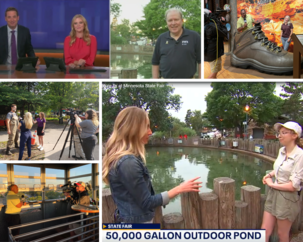 A photo collage showing DNR staff talking to media at the State Fair