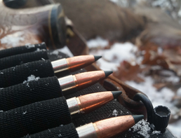 copper rifle ammo on a sleeve on rifle with a harvested deer in the background