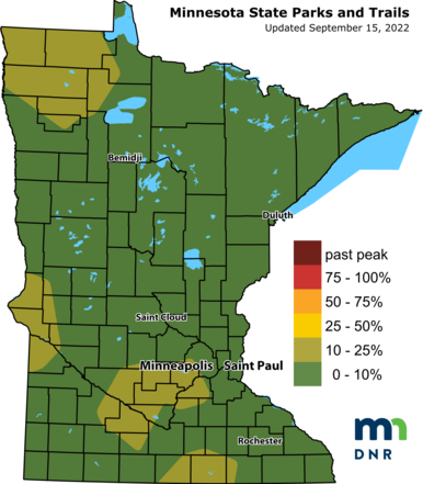 Map of Minnesota in different shades of green denoting fall color change in different areas, as reported by Minnesota State Parks and Trails.