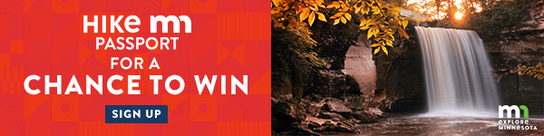 Hike MN passport for a chance to win. Sign up. Explore Minnesota. Photo shows waterfall and fall color foliage.