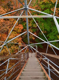 Fall colors seen through the structure of a fire tower, looking down. 