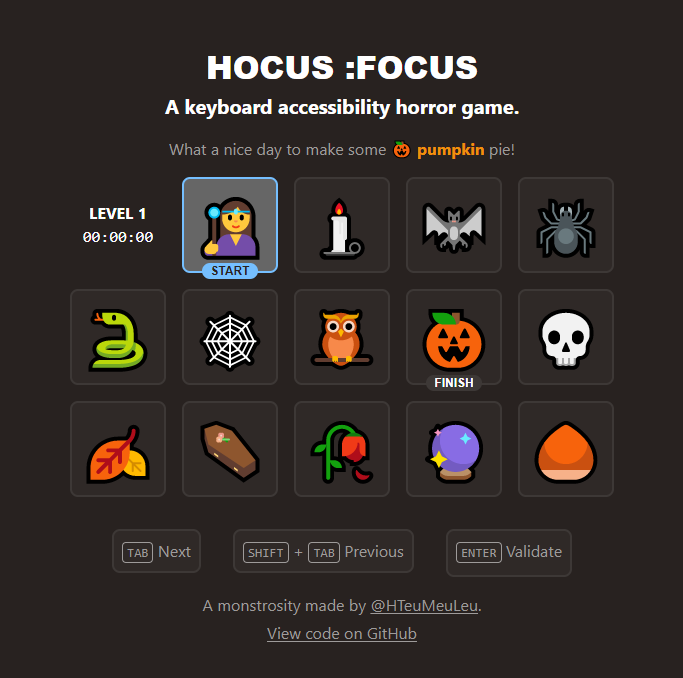 Screen shot of Hocus Focus game featuring squares with Halloween images.