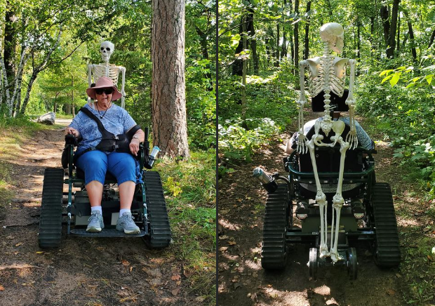 Two photos of a person using an all-terrain track chair with a plastic skeleton on the back