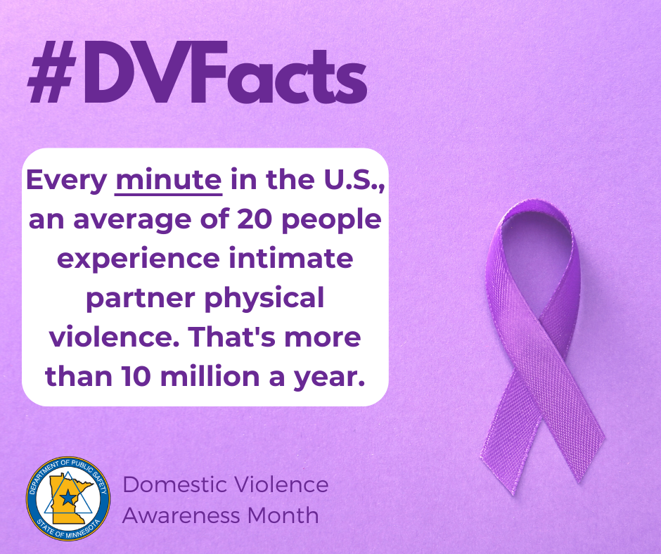 A graphic which says "every minute in the US, an average of 20 people experience intimate partner physical violence"