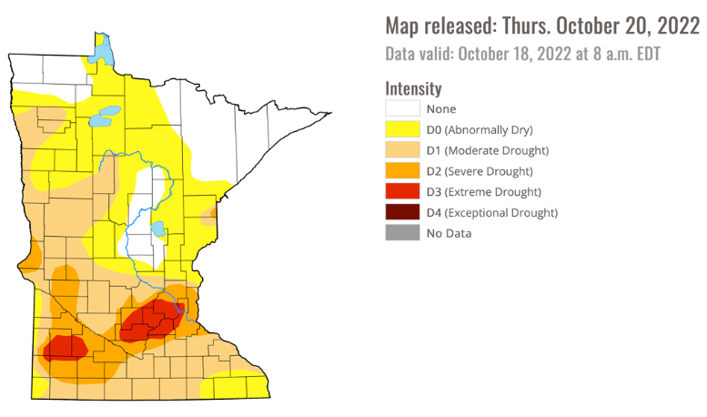 Oct 20, 2022 MN Drought map showing greatest impacts in southern MN, and dry conditions in much of the state