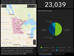 23,039 total deer along with breakdown of deer by age, sex, and map of MN showing harvest