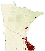 Minnesota with dot clusters showing concentration of karst features in the southeast.