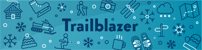 Icons representing different winter outdoor recreation. Text in the center reads "Trailblazer."