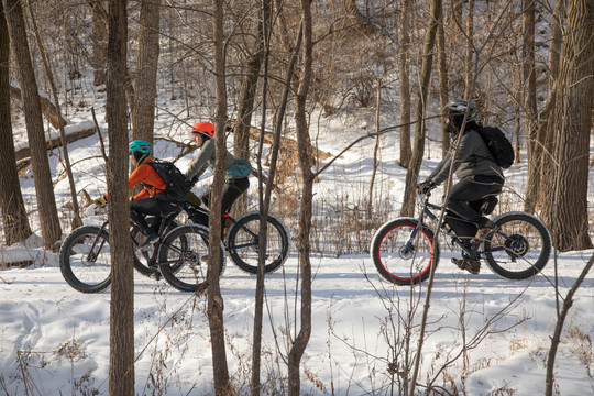 A white woman, a Latino nonbinary person, and a Black man on fat bikes riding through a snowy forest. 