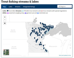 DNR TroutFinder map of Minnesota with pins on water bodies