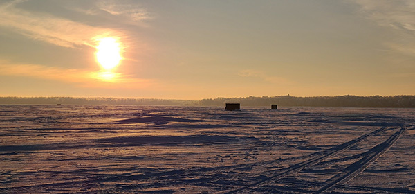 ice houses and a sunrise on Lake of the Woods