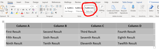 A screenshot of a Word document, with "table text" under "styles" circled