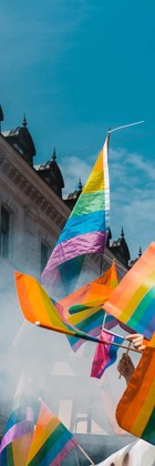 A photo of people waving flags at a Pride parade