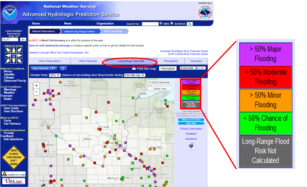 NWS Advanced Hydrologic Prediction Service site and legend showing major, moderate, and minor flooding forecast