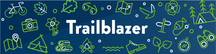 Icons representing different spring outdoor recreation. Text in the center reads "Trailblazer."