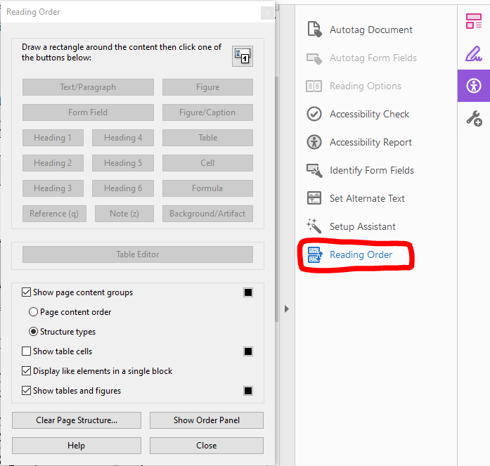 Reading Order button highlighted on the bottom of the Accessibility tool.