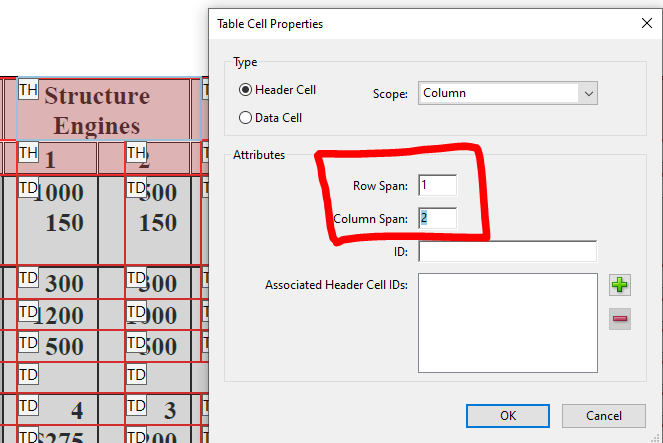 Screen shot of table cell properties box. column span read 2.