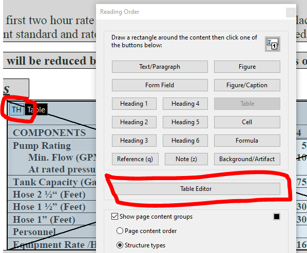 Screen shot of reading order pane with buttons activated after selecting the table.