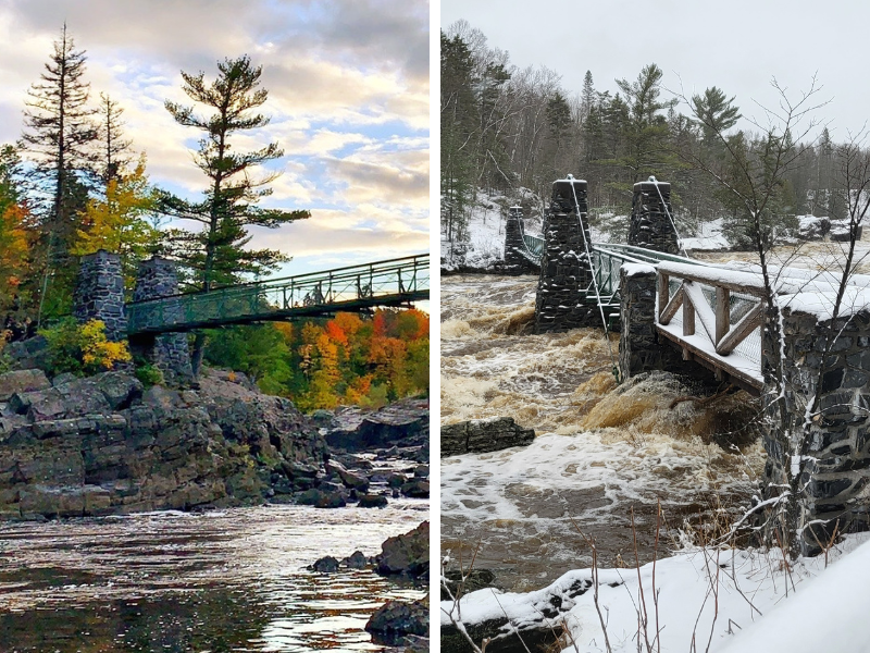 A comparison of the bridge at Jay Cooke State Park, with calm and low waters in 2020 and high, rushing waters in 2023