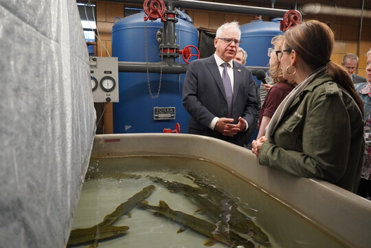 Gov. Tim Walz and Lt. Gov. Peggy Flanagan speak with DNR staff next to a fish tank at the St. Paul hatchery.