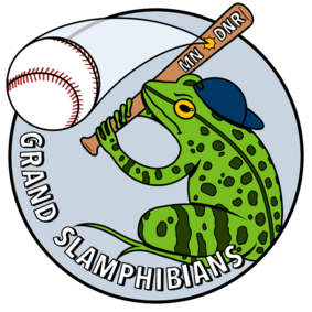 A logo of a frog wearing a baseball cap and holding a bat, hitting a softball. The logo says "Grand Slamphibians"