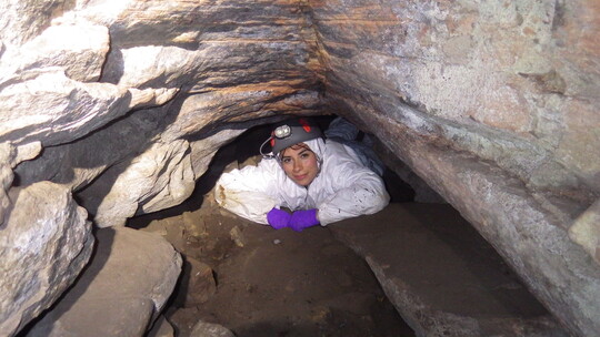 Female researcher in a crawl space in a cave, wearing a helmet with headlamp and a protective suit.