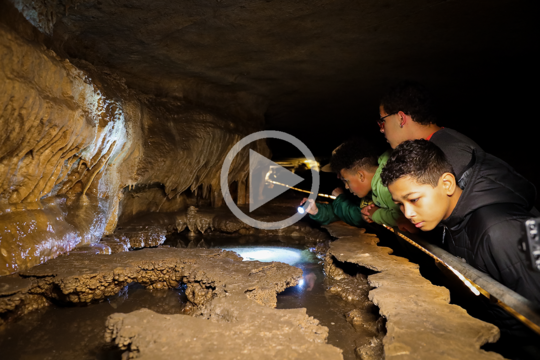 Young visitors looking at cave features during a tour. There's a play icon in the center of the image denoting the photo links to a video.