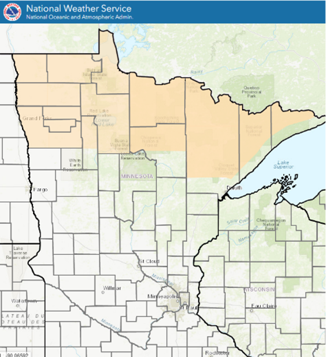 National Weather Service map showing northern Minnesota counties included in the Fire Weather Watch. 