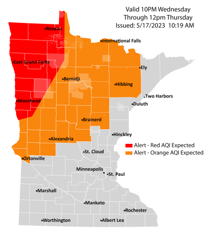 State of Minnesota showing air quality alert counties.